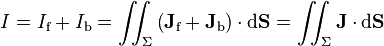 I = I_\text{f} + I_\text{b} = \iint_\Sigma \left(\mathbf{J}_\text{f} + \mathbf{J}_\text{b} \right) \cdot \mathrm{d}\mathbf{S} = \iint_\Sigma \mathbf{J} \cdot \mathrm{d}\mathbf{S} 