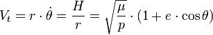 V_t = r \cdot \dot{\theta} = \frac {H}{r}  =  \sqrt{\frac {\mu}{p}} \cdot (1 + e \cdot \cos \theta)