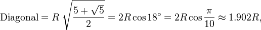 \text{Diagonal} = R\ {\sqrt { \frac {5+\sqrt{5}}{2}} } = 2R\cos 18^\circ = 2R\cos\frac{\pi}{10} \approx 1.902 R,