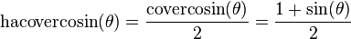 \textrm{hacovercosin}(\theta) = \frac {\textrm{covercosin}(\theta)} {2} = \frac{1 + \sin (\theta)}{2} \,