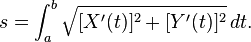 s = \int_{a}^{b} \sqrt { [X'(t)]^2 + [Y'(t)]^2 }\, dt. 