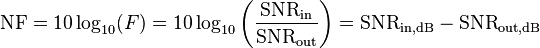 \mathrm{NF} = 10 \log_{10}(F) = 10 \log_{10}\left(\frac{\mathrm{SNR}_\mathrm{in}}{\mathrm{SNR}_\mathrm{out}}\right) = \mathrm{SNR}_\mathrm{in, dB} - \mathrm{SNR}_\mathrm{out, dB}