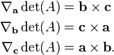  \begin{align}
\nabla_\mathbf{a}\det(A) &= \mathbf{b} \times \mathbf{c} \\
\nabla_\mathbf{b}\det(A) &= \mathbf{c} \times \mathbf{a} \\
\nabla_\mathbf{c}\det(A) &= \mathbf{a} \times \mathbf{b}.
\end{align} 