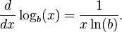 \frac{d}{dx} \log_b(x) = \frac{1}{x\ln(b)}. 