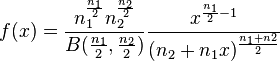 f(x) = \frac{n_1^{\frac{n_1}{2}} n_2^{\frac{n_2}{2}}}{B(\frac{n_1}{2},\frac{n_2}{2})} \frac{x^{\frac{n_1}{2} - 1}}{(n_2 + n_1 x)^{\frac{n_1 + n2}{2}}}