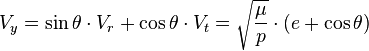 V_y = \sin \theta \cdot V_r + \cos \theta \cdot V_t = \sqrt{\frac {\mu}{p}} \cdot (e +\cos \theta)