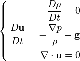 \left\{ \begin{align} 
{D \rho \over D t} = 0\\
{D \bold u \over Dt}=- \frac {\nabla p}{\rho}+\bold{g}\\
\nabla\cdot \bold u=0
\end{align}\right.