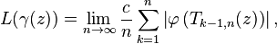 L(\gamma (z))=\lim_{n\to \infty} \frac{c}{n}\sum_{k=1}^n \left| \varphi \left (T_{k-1,n}(z) \right ) \right|, 