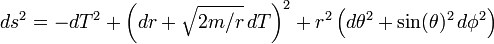  ds^2 = -dT^2 + \left( dr + \sqrt{2m/r} \, dT \right)^2 + r^2 \left( d\theta^2 + \sin(\theta)^2 \, d\phi^2 \right) 