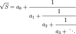 \sqrt{S} = a_0 + \cfrac{1}{a_1 + \cfrac{1}{a_2 + \cfrac{1}{a_3+\,\ddots}}} 