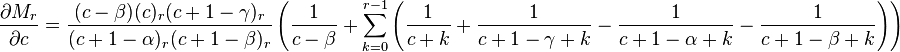  \frac{\partial M_r}{\partial c} = \frac{(c - \beta)(c)_r (c + 1 - \gamma)_r}{(c + 1 - \alpha)_r (c +1-\beta)_r}\left (\frac{1}{c - \beta} + \sum_{k = 0}^{r-1} \left(\frac{1}{c + k} + \frac{1}{c + 1 - \gamma + k} -\frac{1}{c + 1 - \alpha + k} - \frac{1}{c + 1 - \beta + k} \right) \right )