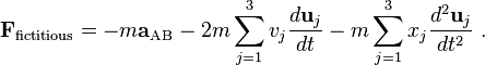  \mathbf{F}_\mathrm{fictitious} = -m\mathbf{a}_\mathrm{AB} - 2m\sum_{j=1}^3 v_j \frac{d \mathbf{u}_j}{dt} - m \sum_{j=1}^3 x_j \frac{d^2 \mathbf{u}_j}{dt^2}\ . 