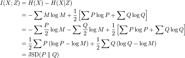 \begin{align}
I(X; Z) &= H(X) - H(X|Z)\\
&= -\sum M \log M + \frac{1}{2} \left[ \sum P \log P + \sum Q \log Q \right] \\
&= -\sum \frac{P}{2} \log M - \sum \frac{Q}{2} \log M + \frac{1}{2} \left[ \sum P \log P + \sum Q \log Q \right] \\
&= \frac{1}{2} \sum P \left( \log P - \log M\right ) + \frac{1}{2} \sum Q  \left( \log Q - \log M \right) \\
&= {\rm JSD}(P \parallel Q)
\end{align}
