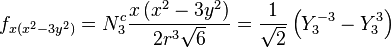 f_{x(x^2-3y^2)} = N_3^c \frac{x \left( x^2 - 3 y^2 \right)}{2 r^3 \sqrt{6}} = \frac{1}{\sqrt{2}}\left(Y_3^{-3}-Y_3^3\right)