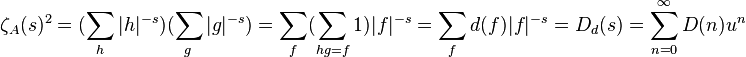 \zeta_A(s)^2=(\sum_{h}|h|^{-s})(\sum_g|g|^{-s})=\sum_f(\sum_{hg=f}1)|f|^{-s}=\sum_f d(f)|f|^{-s}=D_d(s)=\sum_{n \mathop =0}^\infty D(n)u^{n}