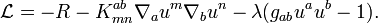 \mathcal L=-R-K^{ab}_{mn}\nabla_a u^m\nabla_bu^n-\lambda (g_{ab}u^au^b-1).