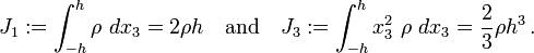 
   J_1 := \int_{-h}^h \rho~dx_3 = 2\rho h \quad \text{and} \quad
   J_3 := \int_{-h}^h x_3^2~\rho~dx_3 = \frac{2}{3}\rho h^3 \,.
