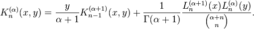 K_n^{(\alpha)}(x,y)=\frac{y}{\alpha+1} K_{n-1}^{(\alpha+1)}(x,y)+ \frac{1}{\Gamma(\alpha+1)} \frac{L_n^{(\alpha+1)}(x) L_n^{(\alpha)}(y)}{{\alpha+n \choose n}}.