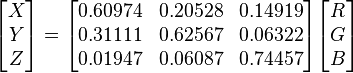 
\begin{bmatrix}X\\Y\\Z\end{bmatrix}=
\begin{bmatrix}
0.60974&0.20528&0.14919\\
0.31111&0.62567&0.06322\\
0.01947&0.06087&0.74457
\end{bmatrix}
\begin{bmatrix}R\\G\\B\end{bmatrix}
