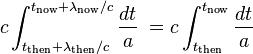 
c \int_{t_\mathrm{then}+\lambda_\mathrm{then}/c}^{t_\mathrm{now}+\lambda_\mathrm{now}/c} \frac{dt}{a}\; =
c \int_{t_\mathrm{then}}^{t_\mathrm{now}} \frac{dt}{a}\,
