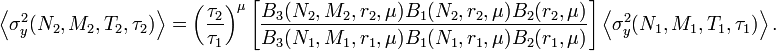 \left \langle \sigma_y^2(N_2, M_2, T_2, \tau_2) \right \rangle = \left ( \frac{\tau_2}{\tau_1} \right )^\mu \left [ \frac{B_3(N_2, M_2, r_2, \mu)B_1(N_2, r_2, \mu)B_2(r_2, \mu)}{B_3(N_1, M_1, r_1, \mu)B_1(N_1, r_1, \mu)B_2(r_1, \mu)} \right ] \left \langle \sigma_y^2(N_1, M_1, T_1, \tau_1) \right \rangle.