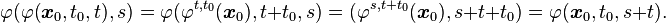 \varphi(\varphi(\boldsymbol{x}_0,t_0,t),s) = \varphi(\varphi^{t,t_0}(\boldsymbol{x}_0),t+t_0,s)
= (\varphi^{s,t+t_0}(\boldsymbol{x}_0),s+t+t_0) =\varphi(\boldsymbol{x}_0,t_0,s+t).