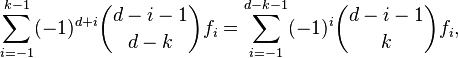  \sum_{i=-1}^{k-1}(-1)^{d+i}\binom{d-i-1}{d-k} f_i = 
\sum_{i=-1}^{d-k-1}(-1)^{i}\binom{d-i-1}{k} f_i, 