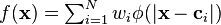 \textstyle{ f(\mathbf{x}) = \sum_{i=1}^N w_i \phi(|\mathbf{x} - \mathbf{c}_i|) }