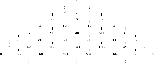 \begin{array}{cccccccccccccccccc}
& & & & & & & & & 1 & & & & & & & &\\
& & & & & & & & \frac{1}{2} & & \frac{1}{2} & & & & & & &\\
& & & & & & & \frac{1}{3} & & \frac{1}{6} & & \frac{1}{3} & & & & & &\\
& & & & & & \frac{1}{4} & & \frac{1}{12} & & \frac{1}{12} & & \frac{1}{4} & & & & &\\
& & & & & \frac{1}{5} & & \frac{1}{20} & & \frac{1}{30} & & \frac{1}{20} & & \frac{1}{5} & & & &\\
& & & & \frac{1}{6} & & \frac{1}{30} & & \frac{1}{60} & & \frac{1}{60} & & \frac{1}{30} & & \frac{1}{6} & & &\\
& & & \frac{1}{7} & & \frac{1}{42} & & \frac{1}{105} & & \frac{1}{140} & & \frac{1}{105} & & \frac{1}{42} & & \frac{1}{7} & &\\
& & \frac{1}{8} & & \frac{1}{56} & & \frac{1}{168} & & \frac{1}{280} & & \frac{1}{280} & & \frac{1}{168} & & \frac{1}{56} & & \frac{1}{8} &\\
& & & & &\vdots & & & & \vdots & & & & \vdots& & & & \\
\end{array}