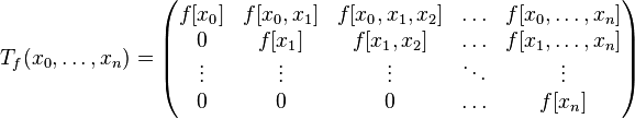 T_f(x_0,\dots,x_n)=
\begin{pmatrix}
f[x_0] & f[x_0,x_1] & f[x_0,x_1,x_2] & \ldots & f[x_0,\dots,x_n] \\
0 & f[x_1] & f[x_1,x_2] & \ldots & f[x_1,\dots,x_n] \\
\vdots & \vdots & \vdots & \ddots & \vdots \\
0 & 0 & 0 & \ldots & f[x_n]
\end{pmatrix}