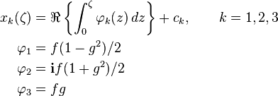 \begin{align}
 x_k(\zeta) &{}= \Re \left\{ \int_{0}^{\zeta} \varphi_{k}(z) \, dz \right\} + c_k , \qquad k=1,2,3 \\
 \varphi_1 &{}= f(1-g^2)/2 \\
 \varphi_2 &{}= \bold{i} f(1+g^2)/2 \\
 \varphi_3 &{}= fg
\end{align}