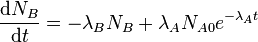  \frac{\mathrm{d}N_B}{\mathrm{d}t} = - \lambda_B N_B + \lambda_A N_{A0} e^{-\lambda_A t} 