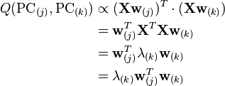 \begin{align}
Q(\mathrm{PC}_{(j)}, \mathrm{PC}_{(k)}) & \propto (\mathbf{X}\mathbf{w}_{(j)})^T \cdot (\mathbf{X}\mathbf{w}_{(k)}) \\
& = \mathbf{w}_{(j)}^T \mathbf{X}^T \mathbf{X} \mathbf{w}_{(k)} \\
& = \mathbf{w}_{(j)}^T \lambda_{(k)} \mathbf{w}_{(k)} \\
& = \lambda_{(k)} \mathbf{w}_{(j)}^T \mathbf{w}_{(k)}
\end{align}