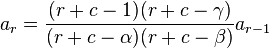 a_{r}=\frac{(r+c-1)(r+c-\gamma )}{(r+c-\alpha )(r+c-\beta )}a_{r-1}