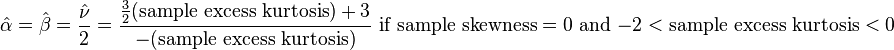 \hat{\alpha} = \hat{\beta} = \frac{\hat{\nu}}{2}= \frac{\frac{3}{2}(\text{sample excess kurtosis}) +3}{- \text{(sample excess kurtosis)}} \text{ if sample skewness}= 0 \text{ and } -2<\text{sample excess kurtosis}<0