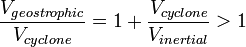  \frac{ V_{geostrophic} }{ V_{cyclone} } = 1 +  \frac{ V_{cyclone} }{ V_{inertial} } > 1 