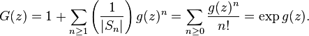  G(z) =  1 + \sum_{n\ge 1} \left(\frac{1}{|S_n|}\right) g(z)^n = 
\sum_{n\ge 0} \frac{g(z)^n}{n!} = \exp g(z).