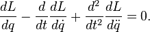  \frac{dL}{dq} - \frac{d}{dt} \frac{dL}{d{\dot q}}+ \frac{d^2}{dt^2}\frac{dL}{d{\ddot q}} = 0.