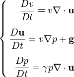 \left\{\begin{align} 
{D v \over Dt} = v \nabla \cdot \bold u\\[1.2ex]
\frac{D \mathbf{ u}}{D t} = v \nabla p + \mathbf{g} \\[1.2ex]
{Dp \over Dt} = \gamma p \nabla \cdot \bold u
\end{align}\right.