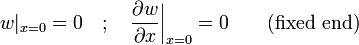 w|_{x = 0} = 0 \quad ; \quad \frac{\partial w}{\partial x}\bigg|_{x = 0} = 0 \qquad \mbox{(fixed end)}\,