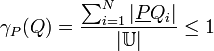 
\gamma_{P}(Q) =  \frac{\sum_{i=1}^N \left | {\underline P}Q_i \right |} {\left | \mathbb{U} \right |} \leq 1
