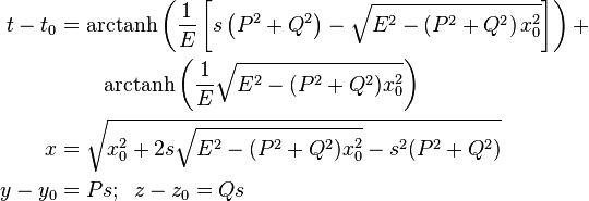 \begin{align}
  t - t_0 &= \operatorname{arctanh} \left(
                \frac{1}{E}\left[s \left(P^2 + Q^2\right) - \sqrt{E^2 - \left(P^2 + Q^2\right) x_0^2}\right]
              \right) +\\
           & \quad\quad \operatorname{arctanh} \left(
                \frac{1}{E}\sqrt{E^2 - (P^2+Q^2) x_0^2}
              \right)\\
        x &= \sqrt{ x_0^2 + 2s  \sqrt{E^2 - (P^2+Q^2) x_0^2} - s^2 (P^2 + Q^2) }\\
  y - y_0 &= Ps;\;\; z - z_0 = Qs
\end{align}