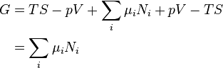 \begin{align}
G &= T S - p V + \sum_i \mu_i N_i + p V - T S\\
&= \sum_i \mu_i N_i
\end{align}