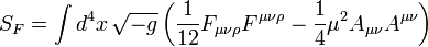 S_F=\int d^4x\,\sqrt{-g} \left( \frac1{12}F_{\mu\nu\rho}F^{\mu\nu\rho} - \frac14\mu^2 A_{\mu\nu}A^{\mu\nu} \right)\;