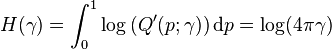 H(\gamma) = \int_0^1 \log\,(Q'(p; \gamma))\,\mathrm dp = \log(4\pi\gamma)