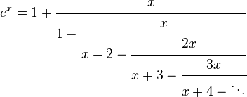   e^x = 1 + \cfrac{x}{1 - \cfrac{x}{x + 2 - \cfrac{2x}{x + 3 - \cfrac{3x}{x + 4 - \ddots}}}}