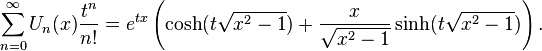 \sum_{n=0}^{\infty}U_n(x) \frac{t^n}{n!} = e^{tx}
\left( \cosh(t \sqrt{x^2-1}) + \frac{x}{\sqrt{x^2-1}} \sinh(t \sqrt{x^2-1}) \right). \,\!