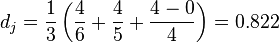 d_j = \frac{1}{3}\left(\frac{4}{6} + \frac{4}{5} + \frac{4-0}{4}\right) = 0.822