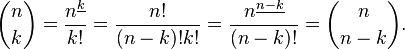 \binom nk=\frac{n^{\underline k}}{k!}=\frac{n!}{(n-k)!k!}=\frac{n^{\underline{n-k}}}{(n-k)!}=\binom n{n-k}.