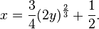 x = {3 \over 4}(2y)^{2 \over 3} + {1 \over 2}.